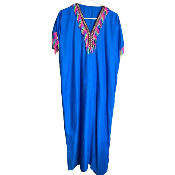 Dresses & Skirts - Tribal Ethnic Maxi Tunic Blue Colorful Neon Fringe V-Neck Unisex Costume Size M